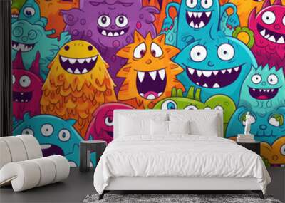 Flat vector cute doodle monsters pattern Wall mural