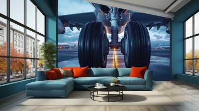 Modern Airplane on Runway at Twilight with Close-Up View of Tire Wall mural