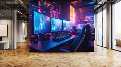 Professional gamer room with personal computer with LED lights Wall mural