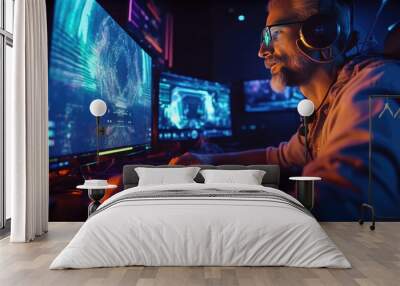 Professional gamers play video games on rgb pc Wall mural