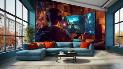 Professional gamers play video games on rgb pc Wall mural