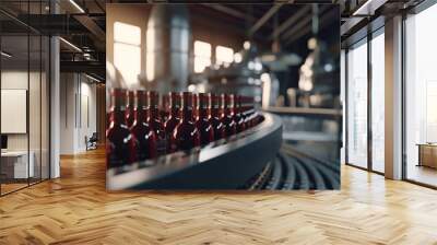 Red wine bottles on the conveyor belts, wine factory Wall mural