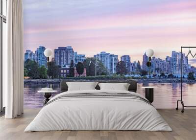 High-rise buildings, Westin Hotel near Coal Harbour Quay at waterfront of Vancouver at sunset Wall mural