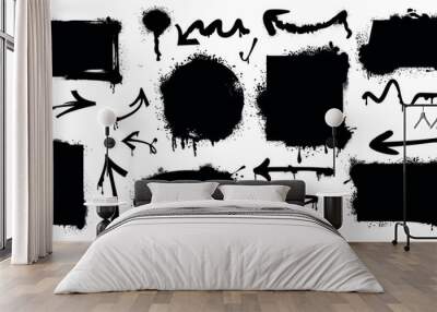 Black spray paint frames, arrows and drips. Graffiti borders in shape of rectangle, square, circle and oval isolated on white background. Vector grunge set of blobs and ink splashes with splatters. Wall mural