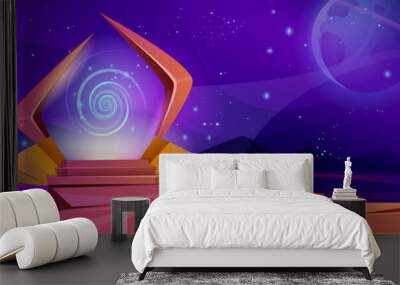 Cartoon magic portal with purple plasma light with swirl. Glowing plasmic entrance in frame on mountain under starry sky at night. Fantasy landscape with path and steps into alien world fantasy. Wall mural