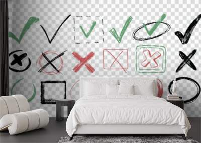 Check marks doodle set. Hand drawn chalk checklist, checkbox, green tick and red cross signs in sketch style. Charcoal pencil correct or incorrect symbols. Crayon checkmarks, yes and no elements. Wall mural