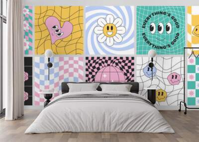 Checkerboard set with distorted grid tile. Geometric square backgrounds in psychedelic y2k style. Checkered seamless pattern, retro chessboard with hippie flowers, groovy daisy, heart and smile faces. Wall mural