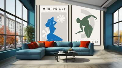 Contemporary matisse posters. Set of modern abstract wall art, aesthetic artworks with women silhouette figures, botanical plants and flowers in vase in minimalist style. Collection for decoration. Wall mural