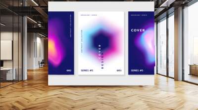 Cover or poster template with fluid gradient abstract shapes. Set of banners with liquid vibrant gradient blur in iridescent neon colors. Vector geometric form mesh elements with blurry effect. Wall mural