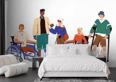 Disabled characters on wheelchair and crutches. Man with prosthetic leg support blind girl. Group of young people or multiracial friends with special needs. Vector illustration in flat style. Wall mural