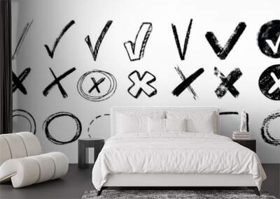 Doodle chalk check mark set. Black charcoal pencil check boxes, sketch checklist icons, tick cross signs. Crayon grunge checkmark elements. Hand drawn checkbox vote marks, correct or incorrect symbols Wall mural