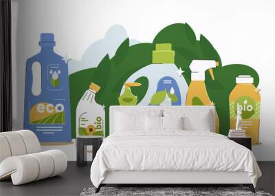 Eco friendly products for house cleaning or laundry washing. Home cleaner detergents with plant based ingredients. Natural organic household product. Bottles and spray for housekeeping service Wall mural