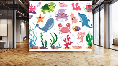 Flat cute sea animals, marine plants and fishes. Ocean life with funny characters of turtle, octopus, starfish, crab and squid. Happy dolphin and whale. Underwater reef, corals, shells and seaweed set Wall mural