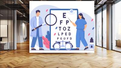 Flat ophthalmologist check eyesight with eye test chart and eyeglasses. Woman oculist with pointer measure visual acuity. Doctor diagnose ophthalmic problem in hospital. Ophthalmic exam concept. Wall mural