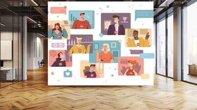 Flat smiling men and women work remotely and have corporate virtual discussion. Diverse employees participating in distance video conference call. Friends meeting up online. Web communication concept. Wall mural