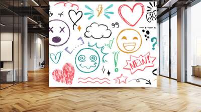 Hand drawn set of colorful charcoal doodle emoji faces with different emotion, heart and pencil punctuation marks. Color charcoal speech bubbles, phrases, underline and highlight text elements icon Wall mural