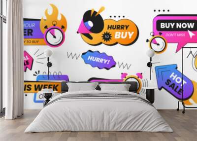 Last time offer badges. Vector set sale promo stickers with alarm clock, calendar, countdown timer and megaphone. Hot sales, special deal, only this week and hurry to buy icons. Discount labels shop. Wall mural