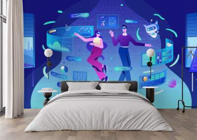 Metaverse technology concept. Flat people with virtual reality goggles and ai robot in office. Characters in futuristic glasses working with business data and graphs. Person use ai smart analysis. Wall mural