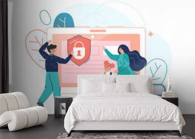 Parental control software, access restrict for children flat vector illustration. Dad and mom block prohibited or inappropriate content on social media. Parents provide safe internet for daughter. Wall mural