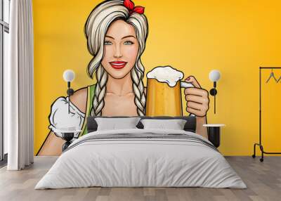 Pop art beautiful female waitress holding glass of beer in her hand. Oktoberfest celebration, blonde girl smiling in traditional German costume with alcohol drink, isolated on yellow background. Wall mural