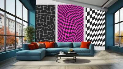 Psychedelic checkerboard backgrounds set with warped wavy grid tile. Twisted checkered seamless geometric pattern in groovy y2k style. Color chessboard posters with distortion effect, optical illusion Wall mural