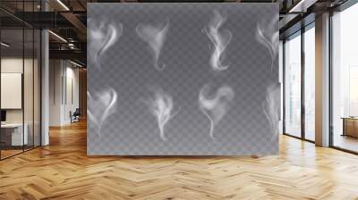 Realisitc set with steam smoke different shapes on gray background. Abstract fume waves or white vapor from coffee or tea, hot food or drink, cigarette. Transparent elements for menu. Fog effect. Wall mural