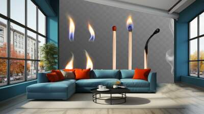 Realistic 3d vector illustration of whole and burnt wooden matchsticks. Flame light and smoke collection on transparent background. Stages of match or wood stick burning or ignition from fire. Wall mural