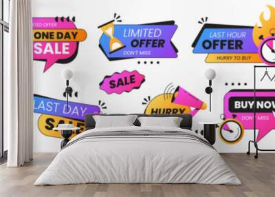 Set of last time or limited offer badges. Sale promo stickers with alarm clock, calendar, countdown or megaphone icon. Hot sales, special deal, only day and hurry up icons. Discount label for shopping Wall mural