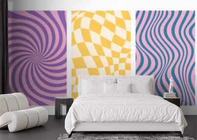 Set of psychedelic checkerboard background with warped grid tile, tunnel, spiral and swirl. Checkered seamless geometric pattern in groovy y2k style. Chessboard poster with twisted or distorted effect Wall mural