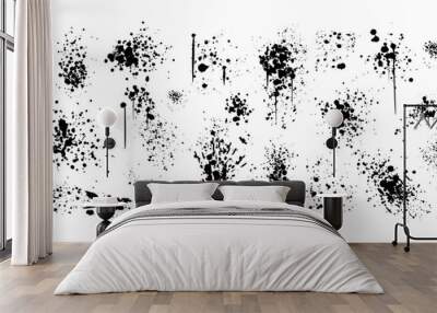 Spray paint drips, inky blots or splashes. Black splatters, graffiti inkblot spots with dusty speckle effect on white background. Paintbrush splotch, ink drop, liquid blob. Dirty grunge splash stains. Wall mural