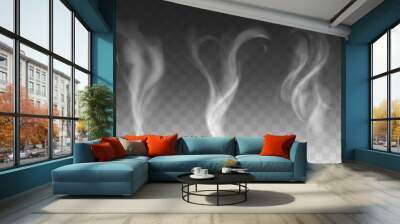 Steam smoke realistic set with heart and swirl shape on dark transparent background. White fume waves of hot drink, coffee, cigarettes, tea or food. Mockup of flow mist swirls. Fog effect concept. Wall mural