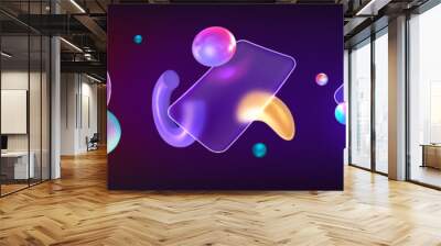 Transparent frosted frames with 3d neon abstract geometric shapes in glass morphism style. Glassmorphism plexiglass plates with blur effect. Realistic floating fluid shapes under matte design elements Wall mural