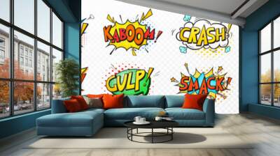 Vector set comic speech bubbles, book sound effects. Pop art messages different shapes, emotions. Comics font label tag expression, fun book balloon. Cartoon explosion cloud phrase on white background Wall mural