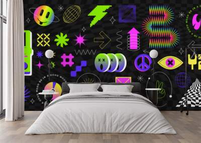 Vintage stickers, frames and geometric brutalism shape graphic design in y2k style. Set of abstract vector elements and symbols isolated on black background. Retro neon figure, labels and objects. Wall mural