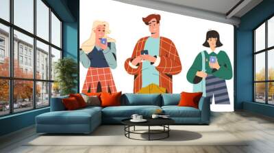 Young modern people looking on smartphones and chatting. Flat teenagers using mobile phone for communicate. Men and women holding gadgets in hands and typing messages. Online communication concept. Wall mural