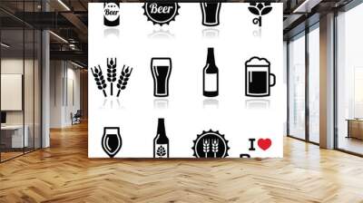 Beer vector icons set - bottle, glass, pint Wall mural