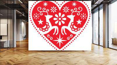 Christmas folk art heart with deer vector greeting card design, Scandinavian retro style merry pattern with flowers and stars
 Wall mural