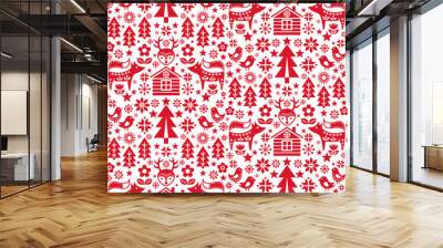 Christmas Scandinavian and Nordic folk art style seamless vector pattern wtih reindeer, birds, snowflakes and flowers - textile or fabric print
 Wall mural