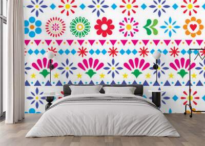 Mexican seamless vector pattern with flowers and abstract shapes - floral, happy textile or wallpaper design Wall mural