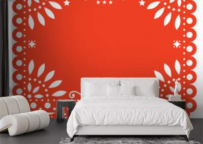 Papel Picado vector floral template design with abstract shapes, Mexican paper decorations pattern in orange, traditional fiesta banner with empty space for text Wall mural