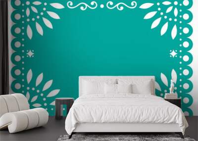 Papel Picado vector template design in turquoise, Mexican paper decoration with flowers and geometric shapes
   Wall mural