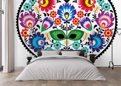 Polish folk art art heart with flowers - wzory lowickie Wall mural