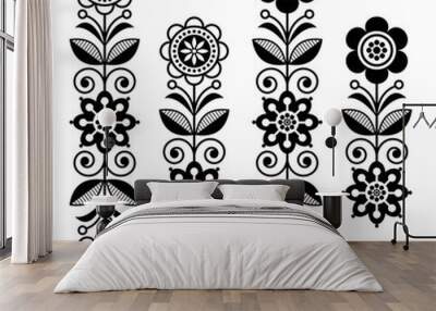 Scandinavian floral design elements, folk art patterns - long stripes in black and white Wall mural