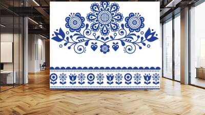 scandinavian vector folk art pattern with flowers, traditional floral frame or border design Wall mural