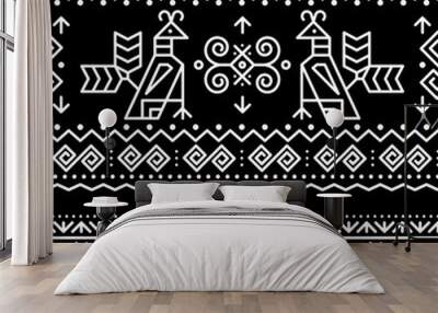 Slovak tribal folk art vector seamless geometric two patterns with brids swirls, zig-zag shapes inspired by traditional painted art from village Cicmany in Zilina region, Slovakia
	 Wall mural