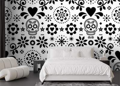 Sugar skull vector seamless pattern inspired by Mexican folk art, Dia de Los Muertos repetitive design black and white Wall mural