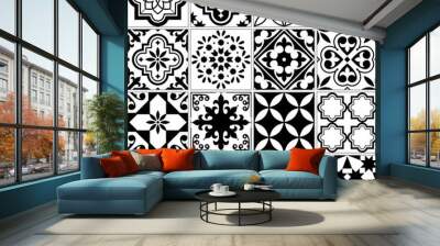 Vector tile pattern, Lisbon floral mosaic, Mediterranean seamless black and white ornament Wall mural