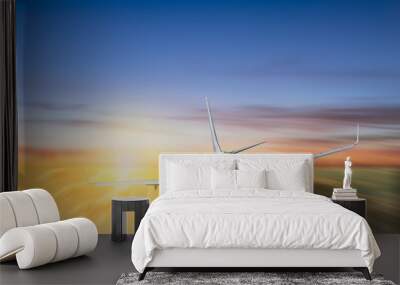 White airplane flying above cloud at sunset Wall mural