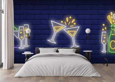 Champagne bottle in bucket, clinking glasses neon signs set Wall mural