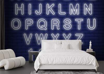 English alphabet and numbers. Neon sign with white letters. Vector illustration in neon style for night bright advertisement. Wall mural